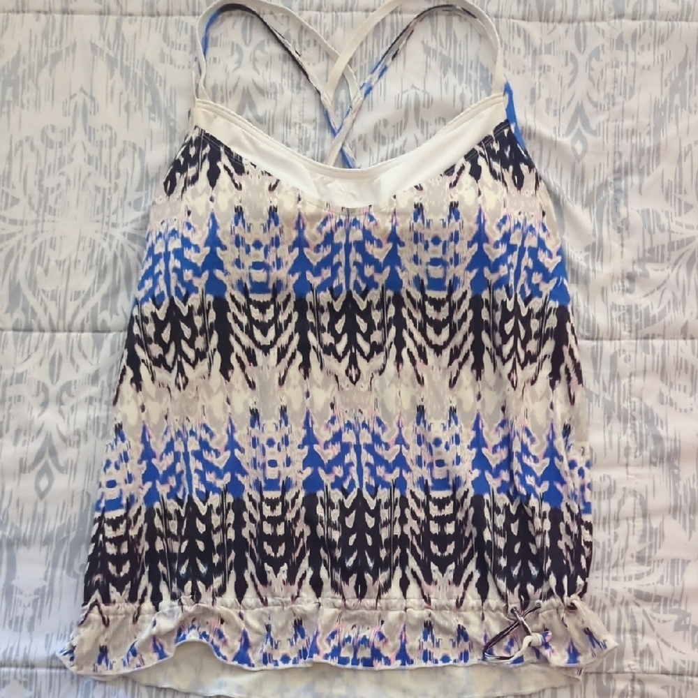 Athleta Drawstring Padded Crisscross Tankini Top Black Blue Pink Print Medium